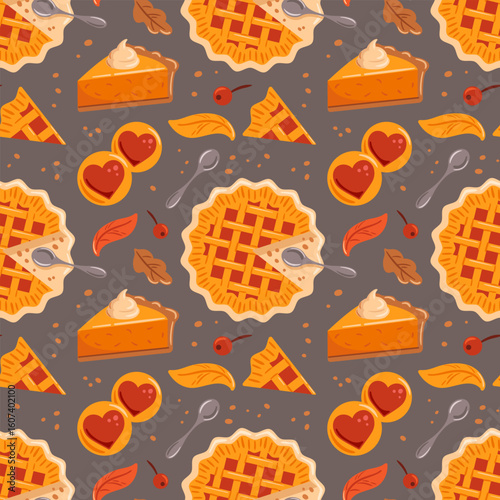vibrant seamless pattern featuring delightful autumn desserts, including pumpkin pies and assorted sweets. This charming illustration captures the warm spirit, flavors of the fall season beautifully