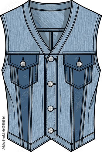 Denim vest technical fashion illustration front view with V-neck, button closure, flap chest pockets, yoke detail, structured seams, sleeveless silhouette, classic outerwear garment flat