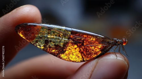 Amber fossilized dragonfly wing fossil delicate texture for paleontology, art backgrounds, or educational displays. Intricate and ancient pattern.