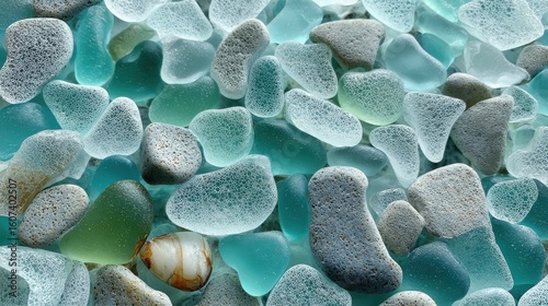 Aqua green frosted sea glass wave tumbled texture for ocean themes, decorative designs, or natural backgrounds. Weathered and smooth pattern.