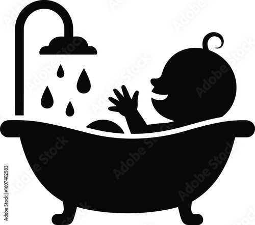 Baby Bath Icon – Infant in Bathtub Silhouette with Shower Drops