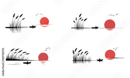 Lake sunset illustration set with boat and reeds on water
