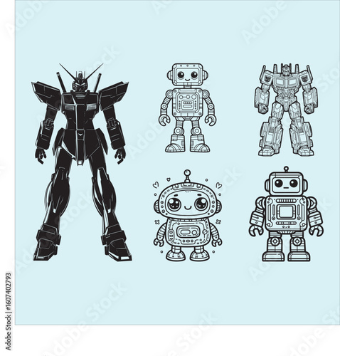 set of funny cartoon characters robot 