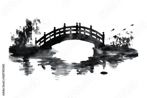 Black and white watercolor bridge with reflections and birds in flight vector