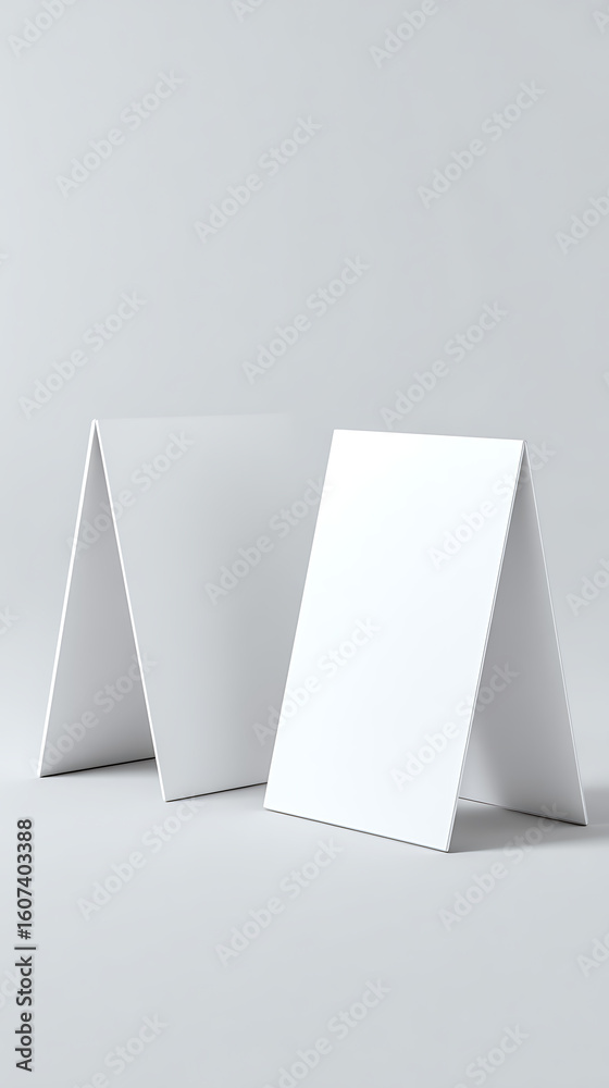 Fototapeta premium Two blank white tabletop display stands arranged on a light gray studio background clean studio shot
