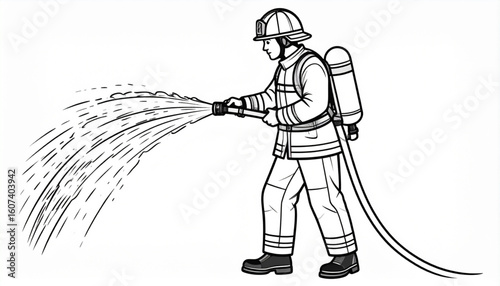 Firefighter bravely battling a blaze, skillfully wielding a water hose to extinguish flames.