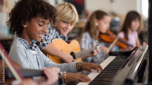 Diverse children paying musical instrument and learning music at music school