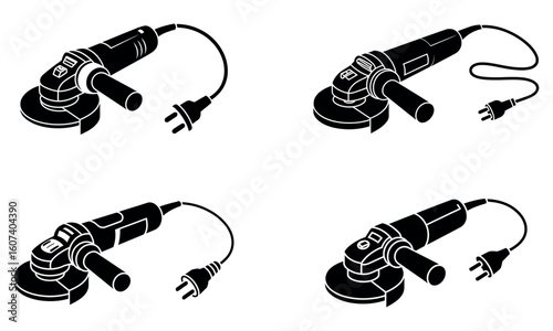 Black angle grinder silhouette set isolated on white background
