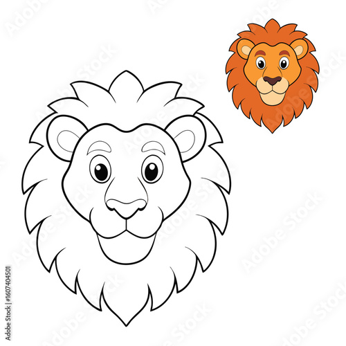 Lion-face coloring page featuring a majestic lion with a detailed mane, bold outlines, and expressive eyes—perfect for kids and adults to color creatively.
