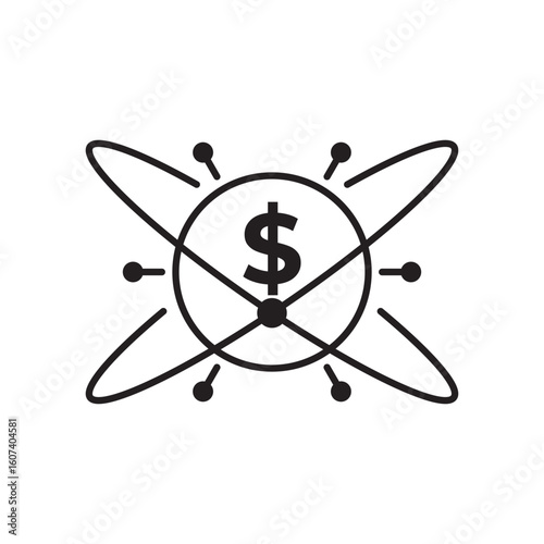 Line icon of a dollar symbol within an atomic structure, representing fintech innovation, digital finance, and technology-driven money systems. Ideal for apps, platforms, and financial startups.