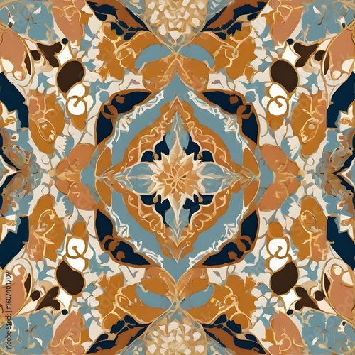 Elegant seamless repeat with cultural motifs reimagined: stylized Indian or Islamic tile shapes combined with modern pastel tones, gold accents,Generative Ai
