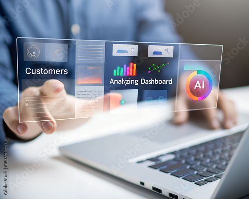 An analyst uses a computer and Ai technology dashboard for data business analysis and Data Management System, Customers database, gather information to report.