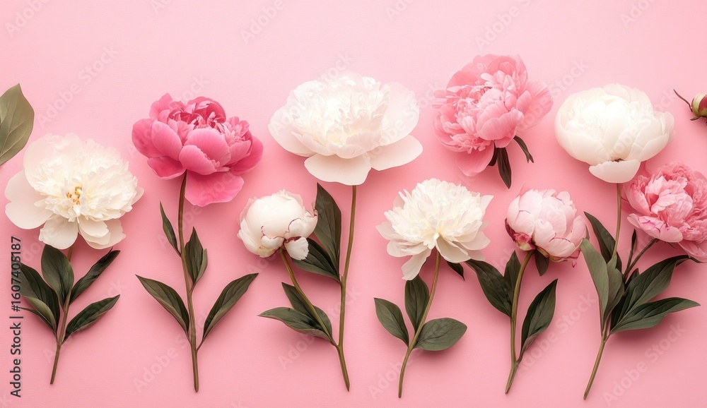 Obraz premium Pink and white peonies arranged on a pink background