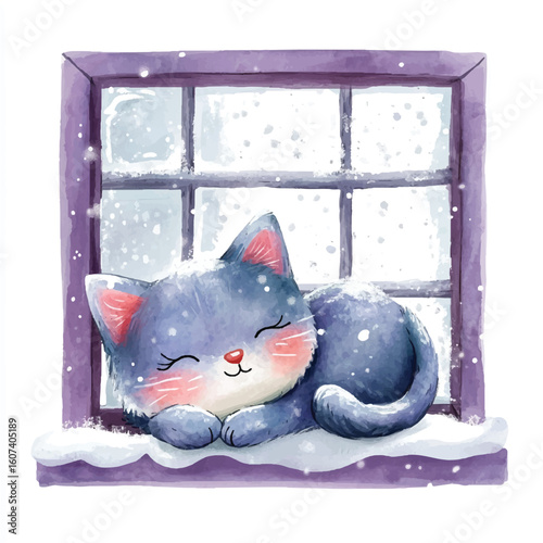 Serene Grey Kitten Napping in Snowy Windowsill