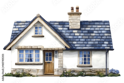 Charming watercolor cottage with blue tiled roof and stone foundation house home