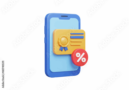 A 3D rendered smartphone displaying a digital certificate with a percentage symbol.