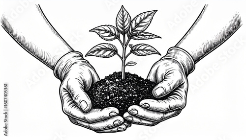 Hands cupping a small plant growing from soil, showing care and nurture.