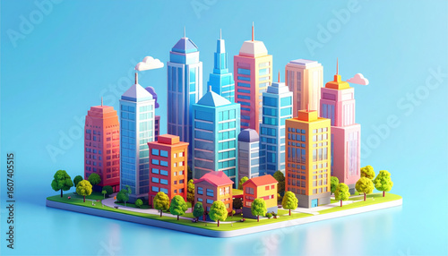 Low poly city illustration with colorful buildings, trees, and a bright blue background.