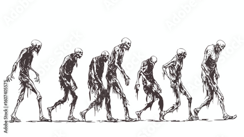 Creepy Zombies Walking on White Background - Spooky 3D Illustration