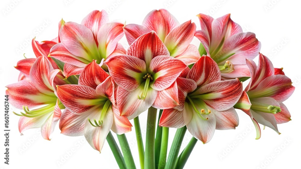Fototapeta premium Magnificent bouquet of striped amaryllis flowers in full bloom on white