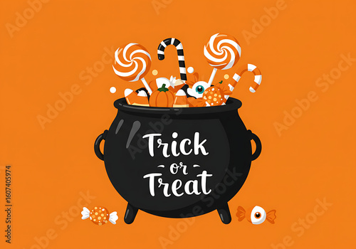 Black cauldron overflowing with Halloween candy trick or treat