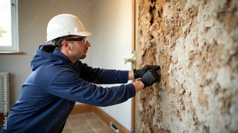Technician in protective clothing conducting termite inspection and treatment to prevent structural damage to a house.