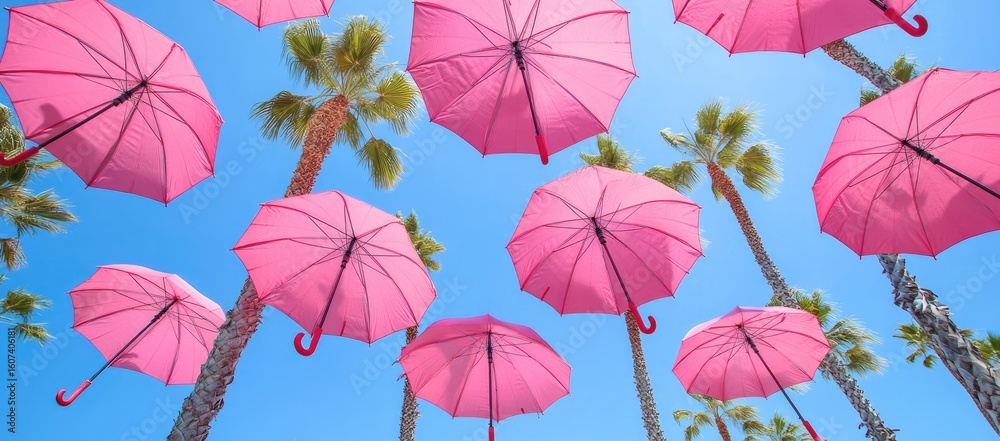 Naklejka premium Many pink umbrellas float in the clear blue sky, amidst palm trees
