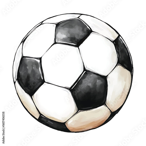 Classic black and white soccer ball with watercolor texture on white background football