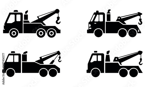 Black tow truck silhouette set isolated on white background
