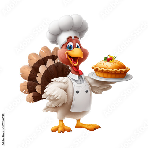 Funny cartoon chef turkey holding a delicious apple pie isolated on transparent background