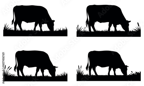 Black cow grazing silhouette set isolated on white background
