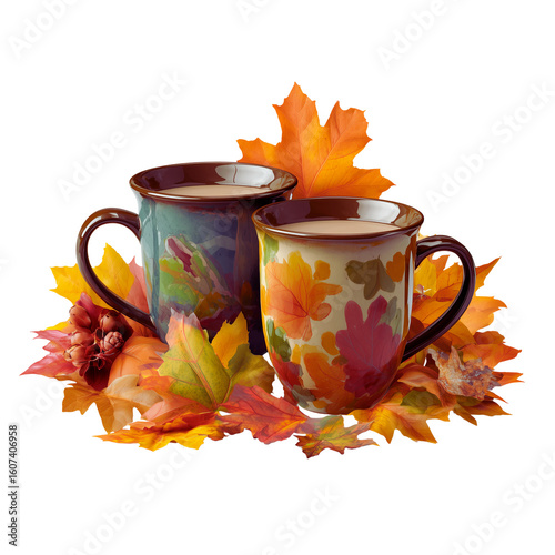 Two autumn mugs filled with warm beverage surrounded by colorful fall leaves isolated on transparent background