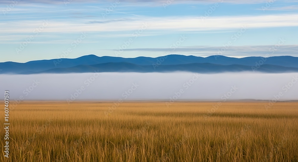 Golden grassland meets misty mountains under a pale blue sky dry grass meadow Golden grassland meets misty mountains under a pale blue sky dry grass meadow