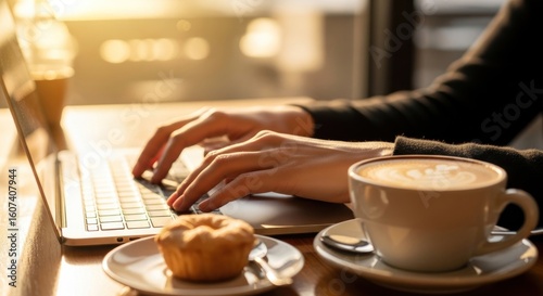 Laptop, Coffee, and Pastry: A Cozy Workspace in Golden Sunlight