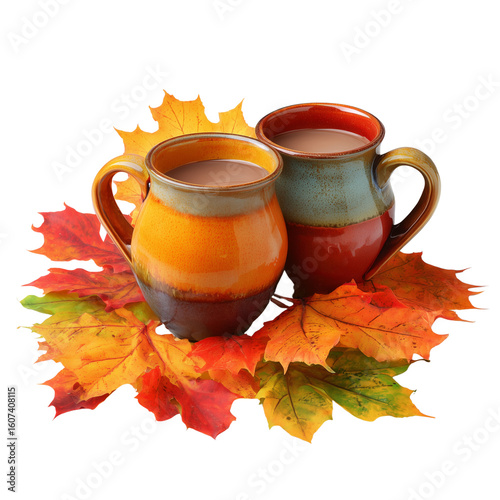 Cozy autumn mugs filled with warm beverage surrounded by colorful fall leaves isolated on transparent background