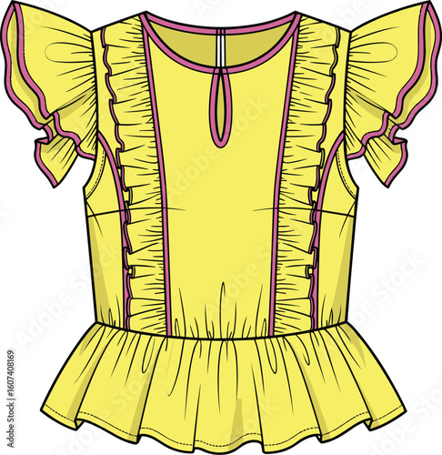 Yellow ruffled peplum blouse front view technical sketch, round neckline, keyhole opening, pink trim detail, layered frill sleeves, minimalist structured garment fashion flat layout
