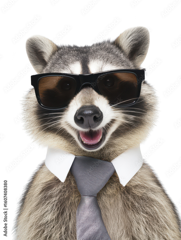 Obraz premium Cool Raccoon Wearing Sunglasses and Tie on White Background