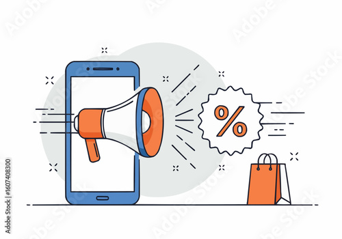 Mobile phone announces sale with megaphone and discount symbol.