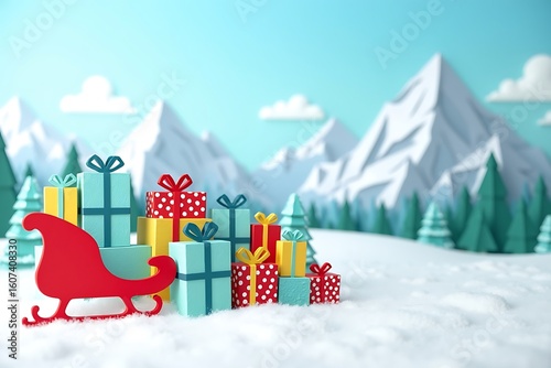 Wallpaper Mural Red Sleigh and Colorful Gifts in Snowy Mountain Landscape Torontodigital.ca