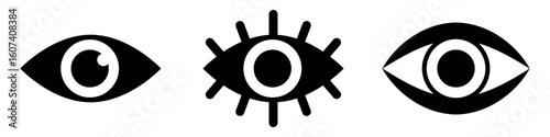 Eye icon set, featuring abstract pupils, eyelash details and almond shapes