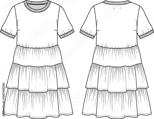 Women’s tiered midi dress technical sketch front and back views, round neckline, short sleeves, fitted bodice, gathered layered skirt silhouette, minimalist fashion flat illustration