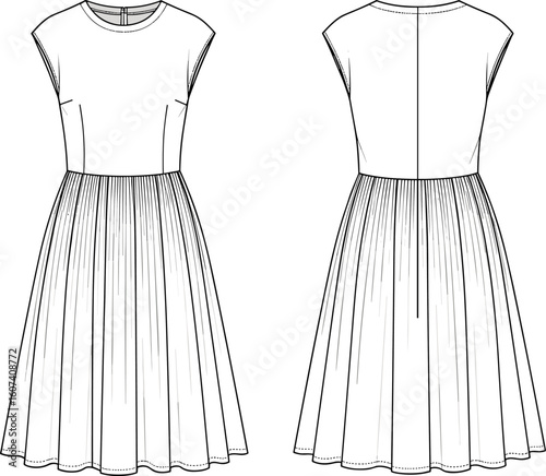 Women’s pleated dress technical sketch front and back views, round neckline, cap sleeves, fitted bodice with center-back seam, below-knee length flared skirt illustration