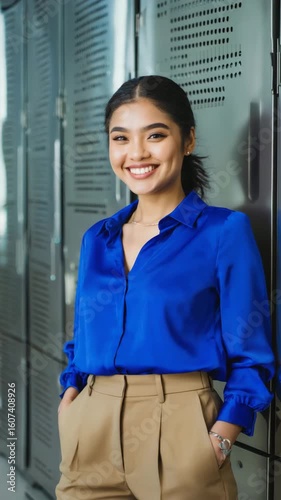 Smiling young woman poses for a professional headshot in a modern office environment. She has a friendly expression and is dressed in smart casual attire.