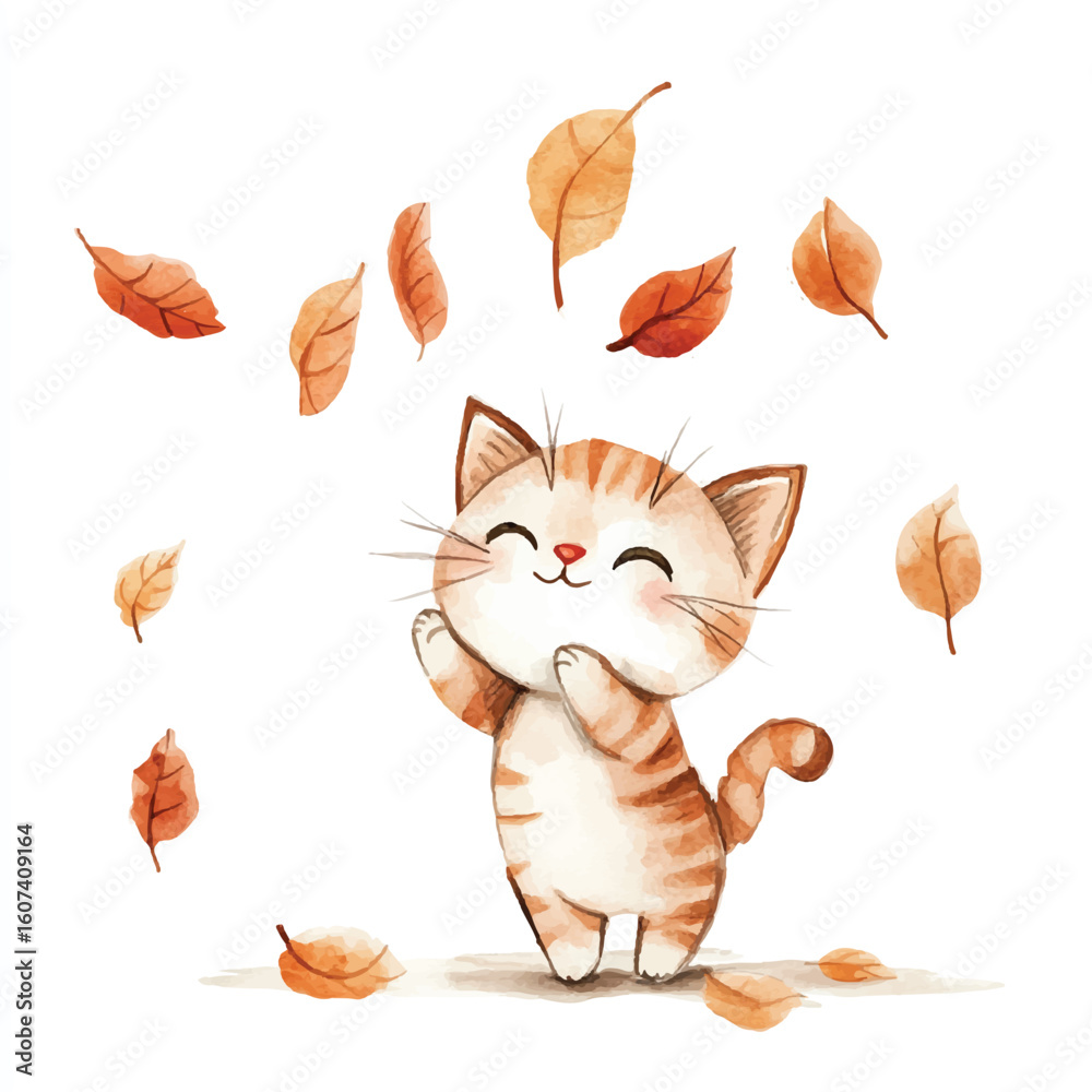 Fototapeta premium Playful Watercolor Kitten with Autumn Leaves and Cheerful Expression