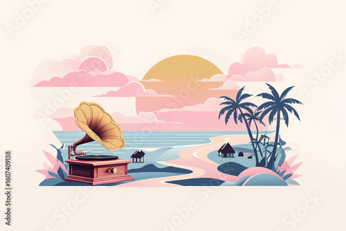 Nostalgic Gramophone Overlooking Dreamy Beach Sunset