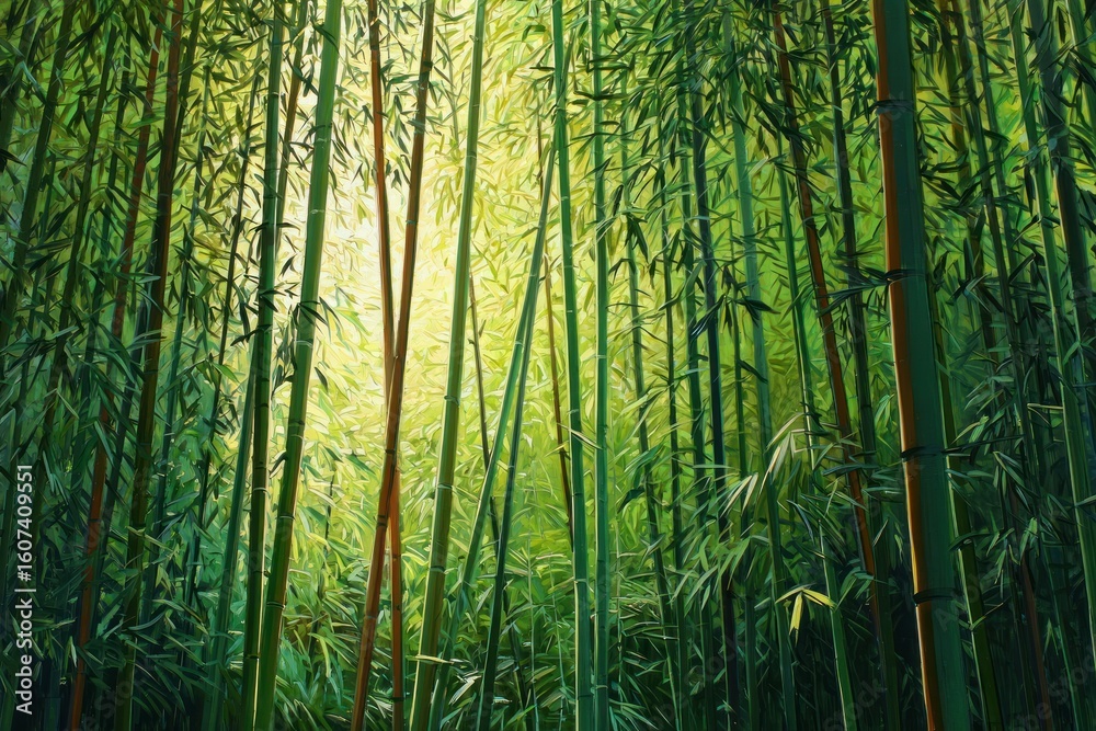 Fototapeta premium Lush bamboo forest, sunlight filtering through