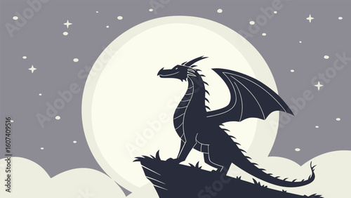 A mystical vector illustration of a dragon silhouette flying against a moonlit night sky, perfect for Halloween art or a unique tattoo design