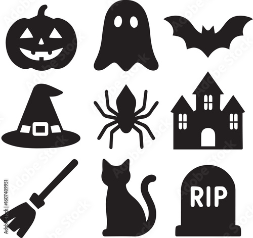 set of Halloween icons. Halloween Black Silhouette Icon Set Vector