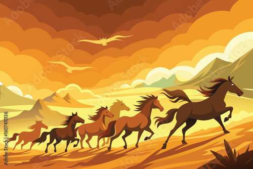 Wild horses running free across the plains with a warm sunset backdrop