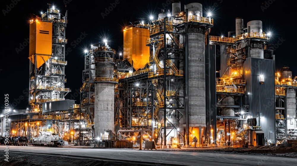 Fototapeta premium Industrial complex at night, illuminated by bright lights